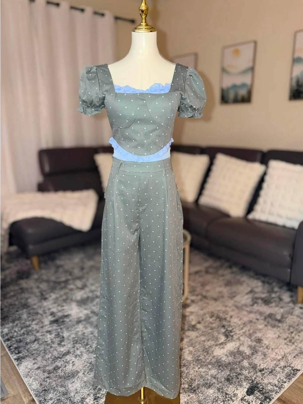 Boutique Korean Gray Polka Dot Two Piece Matching Co-ord Set NWT Small
